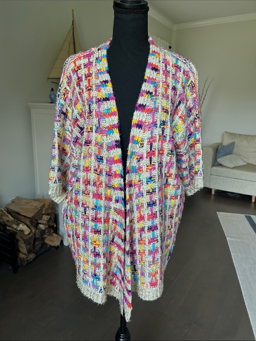 NWT Love At First Find Colorful Confetti Boucle Grid Knit Cardigan Sparkle M